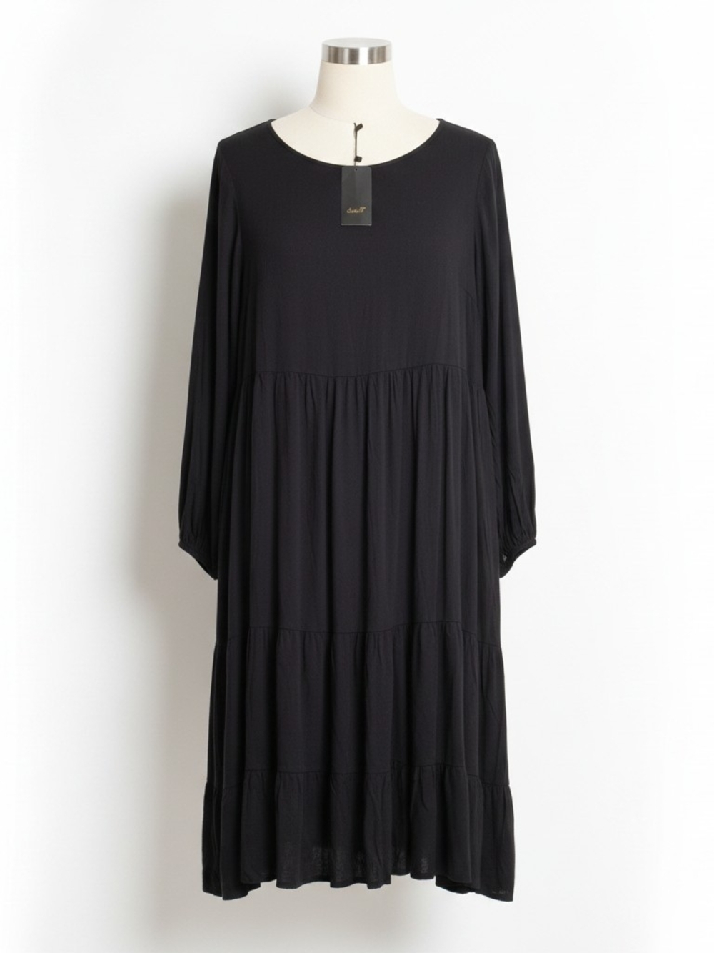 Women's Black Long Sleeve Tiered Midi Dress